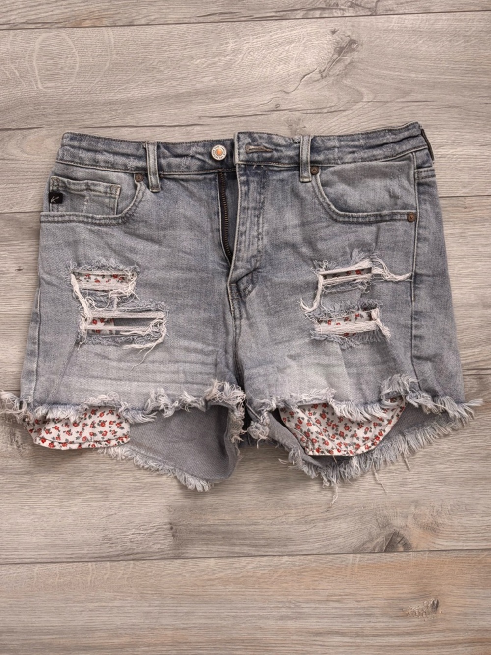 KanCan Light Gray Distressed Denim Shorts with Floral Peek